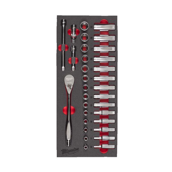 Ложемент с головками и трещоткой Milwaukee ⅜″ Ratchet and Socket Set Foam Insert - 4932479825, внеший вид