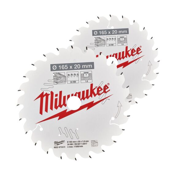 Пильный диск по дереву Milwaukee CSB Twin Pack 165 x 20 x 40T／40T для циркулярной пилы - 4932492433, Диаметр диска (мм): 165, Посадочный диаметр (мм): 20, Модель: CSB Twin Pack 165 x 20 x 40T／40T, внеший вид