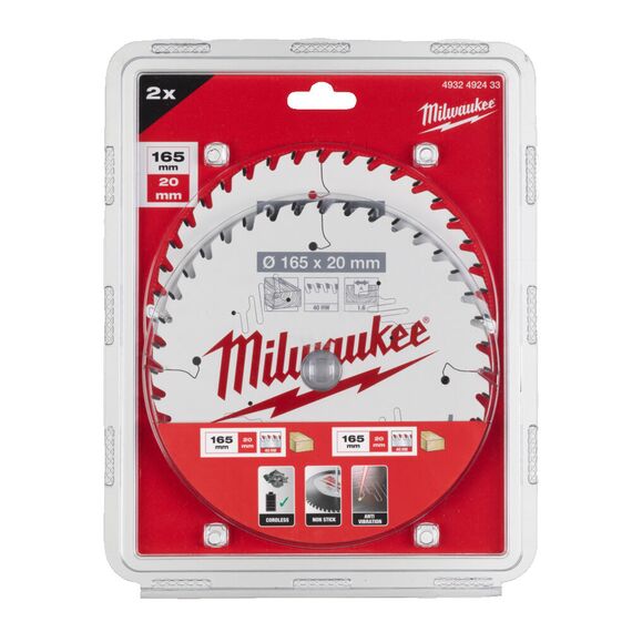Пильный диск по дереву Milwaukee CSB Twin Pack 165 x 20 x 40T／40T для циркулярной пилы - 4932492433, Диаметр диска (мм): 165, Посадочный диаметр (мм): 20, Модель: CSB Twin Pack 165 x 20 x 40T／40T, внеший вид, изображение 2
