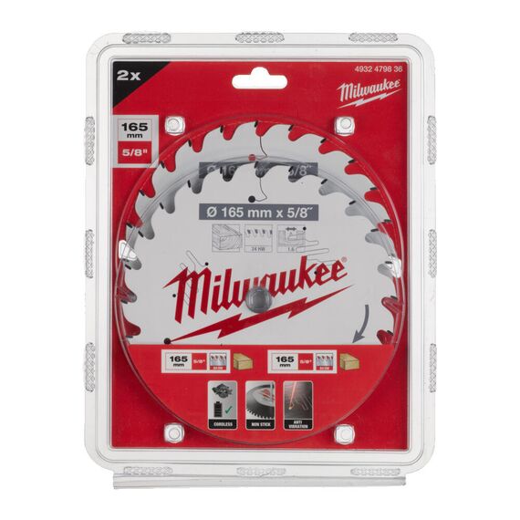 Пильный диск по дереву Milwaukee CSB Twin Pack 165 x 24T／24T для циркулярной пилы - 4932479836, Диаметр диска (мм): 165, Посадочный диаметр (мм): 15,87, Модель: CSB Twin Pack 165 x 24T／24T, внеший вид, изображение 2