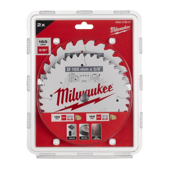 Пильный диск по дереву Milwaukee CSB Twin Pack 165 x 24T／40T для циркулярной пилы - 4932479837, Диаметр диска (мм): 165, Посадочный диаметр (мм): 15,87, Модель: CSB Twin Pack 165 x 24T／40T, внеший вид, изображение 2