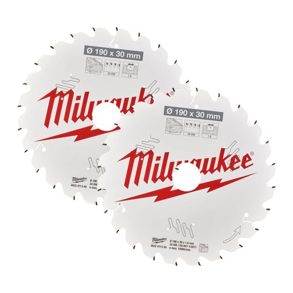 Пильный диск по дереву Milwaukee CSB Twin Pack 190 x 24T／24T для циркулярной пилы - 4932479804, Диаметр диска (мм): 190, Посадочный диаметр (мм): 30, Модель: CSB Twin Pack 190 x 24T／24T, внеший вид