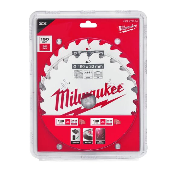 Пильный диск по дереву Milwaukee CSB Twin Pack 190 x 24T／24T для циркулярной пилы - 4932479804, Диаметр диска (мм): 190, Посадочный диаметр (мм): 30, Модель: CSB Twin Pack 190 x 24T／24T, внеший вид, изображение 2