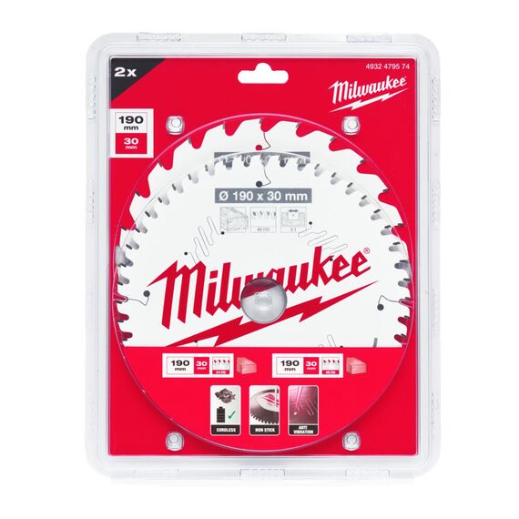 Пильный диск по дереву Milwaukee CSB Twin Pack 190 x 24T／48T для циркулярной пилы - 4932479574, Диаметр диска (мм): 190, Посадочный диаметр (мм): 30, Модель: CSB Twin Pack 190 x 24T／48T, внеший вид, изображение 2
