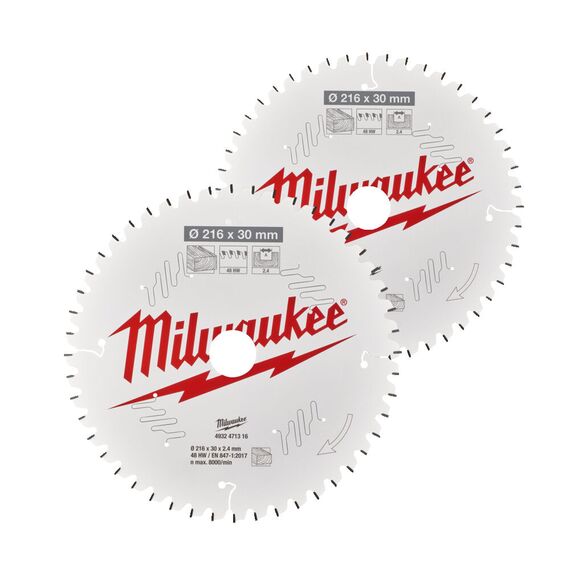 Пильный диск по дереву Milwaukee CSB Twin Pack 216 x 48T／60T для торцовочной пилы - 4932479575, Диаметр диска (мм): 216, Посадочный диаметр (мм): 30, Модель: CSB Twin Pack 216 x 48T／60T, внеший вид