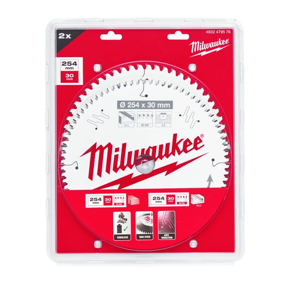Пильный диск по дереву Milwaukee CSB Twin Pack 254 x 60T／80T для торцовочной пилы - 4932479576, Диаметр диска (мм): 254, Посадочный диаметр (мм): 30, Модель: CSB Twin Pack 254 x 60T／80T, внеший вид, изображение 2
