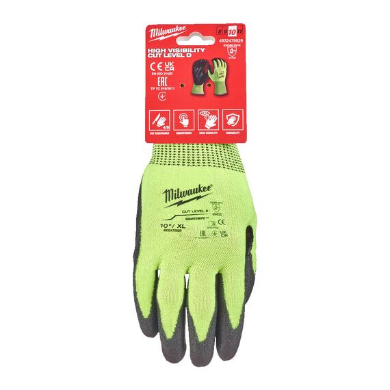 Перчатки рабочие Milwaukee HI-VIS CUT D GLOVES 10／XL - 4932479929, Модель: HI-VIS CUT D GLOVES 10／XL, Цвет: Черный, салатовый, внеший вид, изображение 2