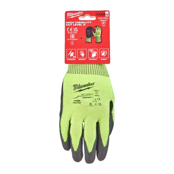 Перчатки рабочие Milwaukee HI-VIS CUT D GLOVES 11／XXL - 4932479930, Модель: HI-VIS CUT D GLOVES 11／XXL, Цвет: Черный, салатовый, внеший вид, изображение 2