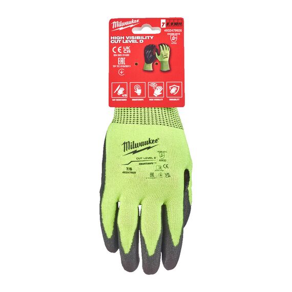 Перчатки рабочие Milwaukee HI-VIS CUT D GLOVES 7／S - 4932479926, Модель: HI-VIS CUT D GLOVES 7／S, Цвет: Черный, салатовый, внеший вид, изображение 2