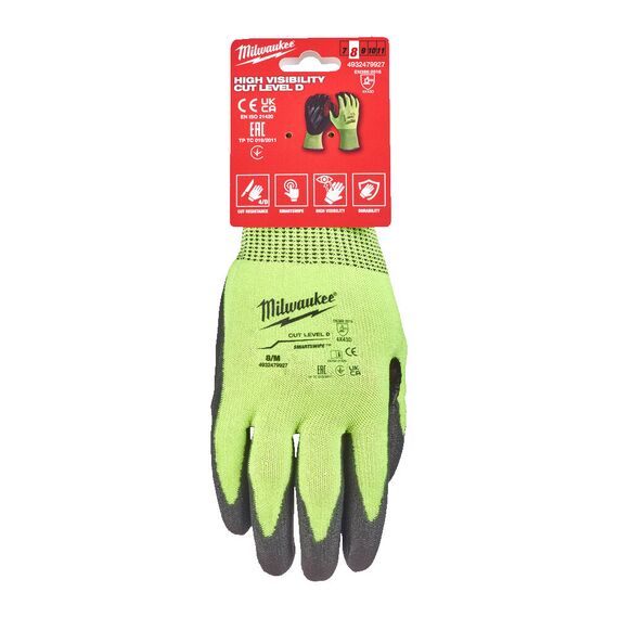 Перчатки рабочие Milwaukee HI-VIS CUT D GLOVES 8／M - 4932479927, Модель: HI-VIS CUT D GLOVES 8／M, Цвет: Черный, салатовый, внеший вид, изображение 2