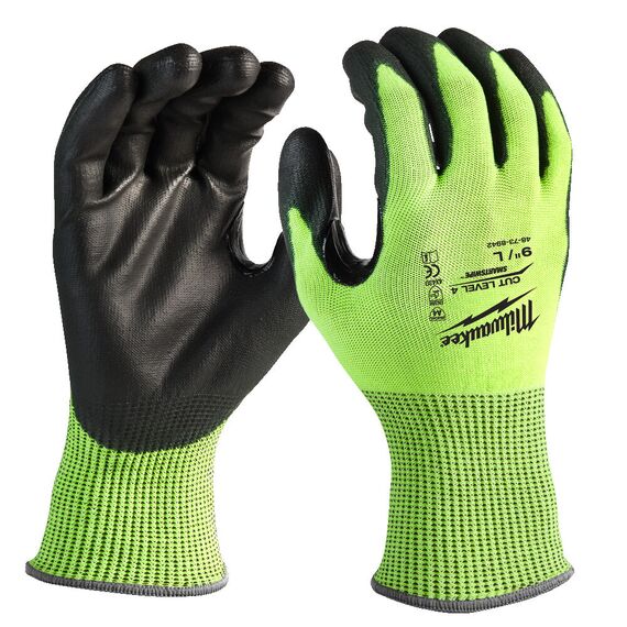 Перчатки рабочие Milwaukee HI-VIS CUT D GLOVES 9／L - 4932479928, Модель: HI-VIS CUT D GLOVES 9／L, Цвет: Черный, салатовый, внеший вид