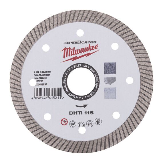 Алмазный диск Milwaukee SPEEDCROSS DHTI 115 MM - 4932492154, Диаметр диска (мм): 115, Посадочный диаметр (мм): 22,23, Модель: SPEEDCROSS DHTI 115 MM, внеший вид
