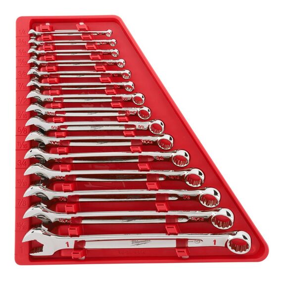 Набор дюймовых комбинированных ключей с трещоткой Milwaukee MAX BITE™ RATCHETING IMPERIAL COMBINATION SPANNER SET 15PC - 4932464996, Модель: MAX BITE™ RATCHETING IMPERIAL COMBINATION SPANNER SET 15PC, внеший вид
