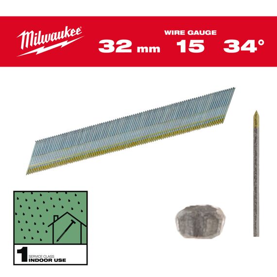 Гвозди Milwaukee 15G／34°／32 MM／G／SC1 4000 PC - 4932492574, Тип скобы / калибр: 15, Модель: 15G／34°／32 MM／G／SC1 4000 PC, Длина (мм): 32, внеший вид