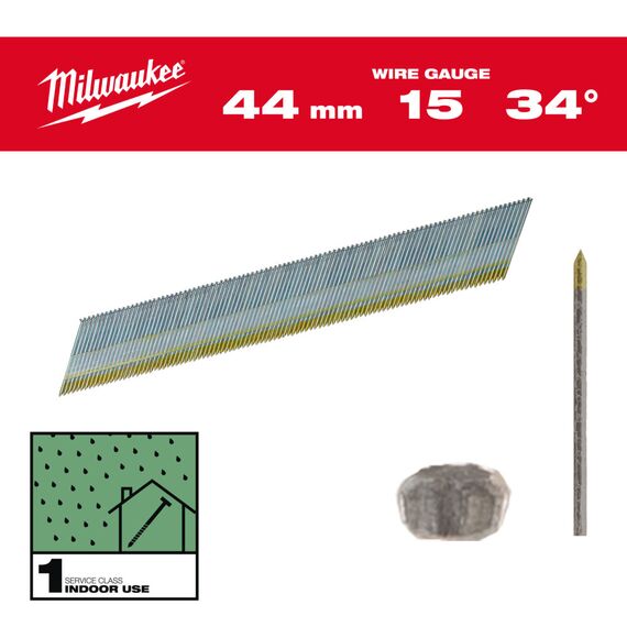 Гвозди Milwaukee 15G／34°／44 MM／G／SC1 2500 PC - 4932492576, Тип скобы / калибр: 15, Модель: 15G／34°／44 MM／G／SC1 2500 PC, Длина (мм): 44, внеший вид