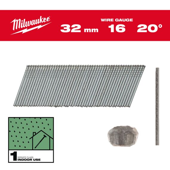 Гвозди Milwaukee 16G／20°／32 MM／G／SC1 2000 PC - 4932492582, Тип скобы / калибр: 2.8, Модель: 16G／20°／32 MM／G／SC1 2000 PC, Длина (мм): 32, внеший вид