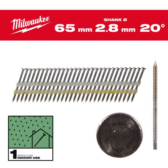 Гвозди Milwaukee 20° ROUND HEAD 65 MM／RS／B／SC1 2000 PC - 4932492587, Тип скобы / калибр: 2.8, Модель: 20° ROUND HEAD 65 MM／RS／B／SC1 2000 PC, Длина (мм): 65, внеший вид