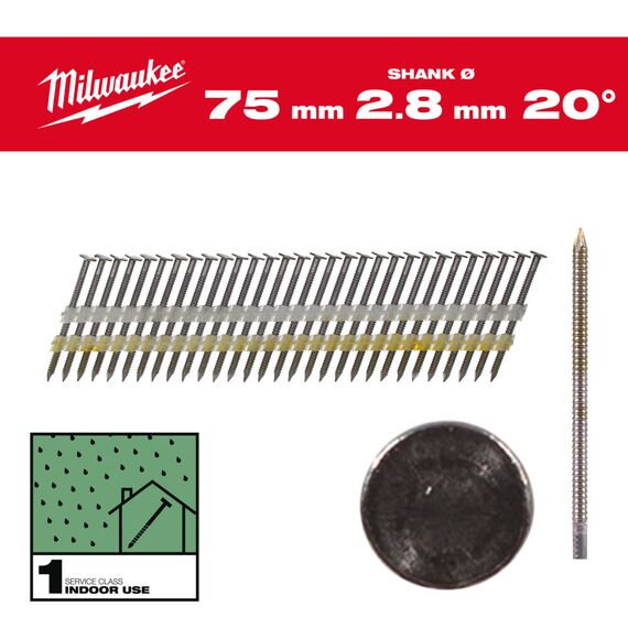 Гвозди Milwaukee 20° ROUND HEAD 75 MM／RS／B／SC1 2000 PC - 4932492588, Тип скобы / калибр: 2.8, Модель: 20° ROUND HEAD 75 MM／RS／B／SC1 2000 PC, Длина (мм): 75, внеший вид