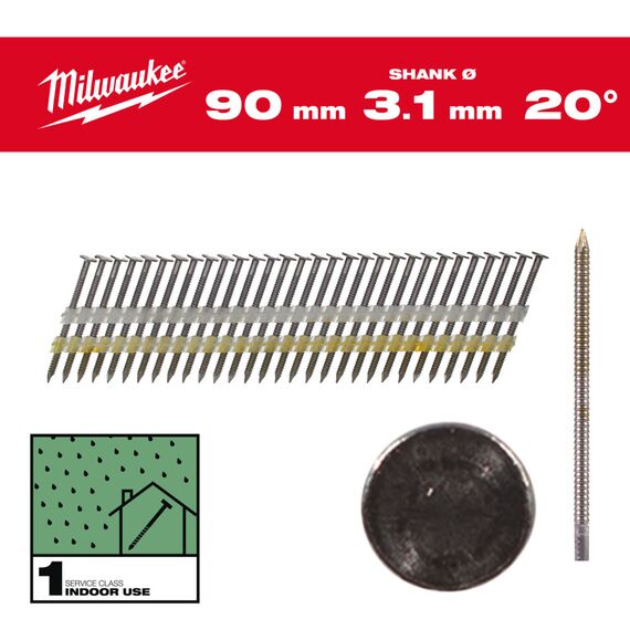 Гвозди Milwaukee 20° ROUND HEAD 90 MM／RS／B／SC1 1750 PC - 4932492590, Тип скобы / калибр: 3.1, Модель: 20° ROUND HEAD 90 MM／RS／B／SC1 1750 PC, Длина (мм): 90, внеший вид