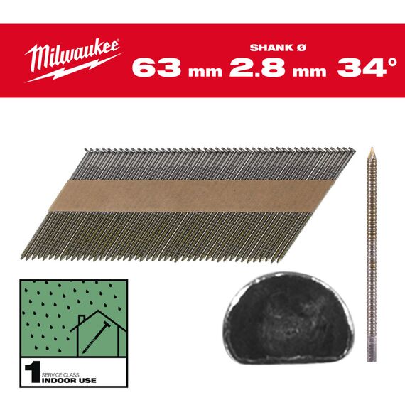 Гвозди Milwaukee 34° D-HEAD 63 MM／RS／B／SC1 2200 PC - 4932492600, Тип скобы / калибр: 2.8, Модель: 34° D-HEAD 63 MM／RS／B／SC1 2200 PC, Длина (мм): 63, внеший вид