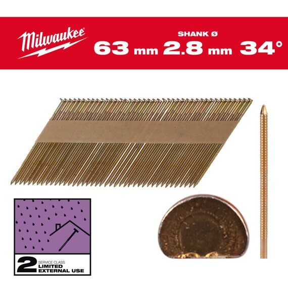 Гвозди Milwaukee 34° D-HEAD 63 X 28 MM／RS／G／SC2 2200 PC - 4932492607, Тип скобы / калибр: 2.8, Модель: 34° D-HEAD 63 X 28 MM／RS／G／SC2 2200 PC, Длина (мм): 63, внеший вид