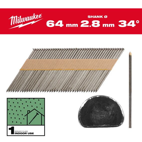 Гвозди Milwaukee 34° D-HEAD 64 MM／SS／B／SC1 2200 PC - 4932492596, Тип скобы / калибр: 2.8, Модель: 34° D-HEAD 64 MM／SS／B／SC1 2200 PC, Длина (мм): 63, внеший вид