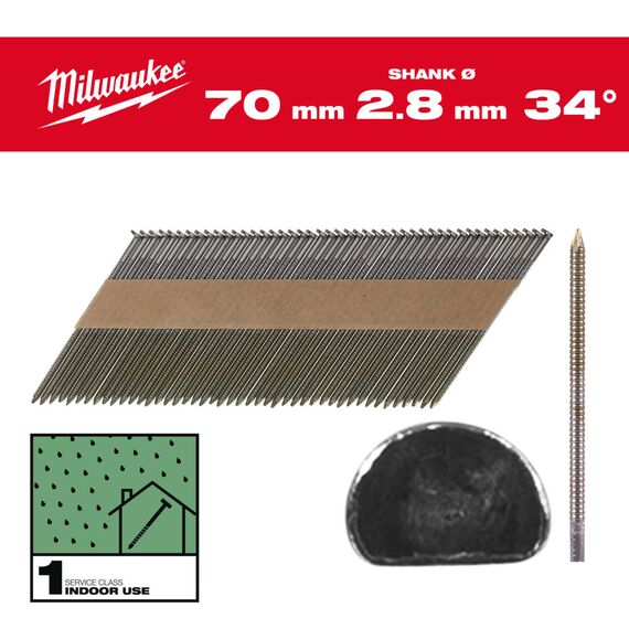Гвозди Milwaukee 34° D-HEAD 70 MM／RS／B／SC1 2200 PC - 4932492601, Тип скобы / калибр: 2.8, Модель: 34° D-HEAD 70 MM／RS／B／SC1 2200 PC, Длина (мм): 70, внеший вид