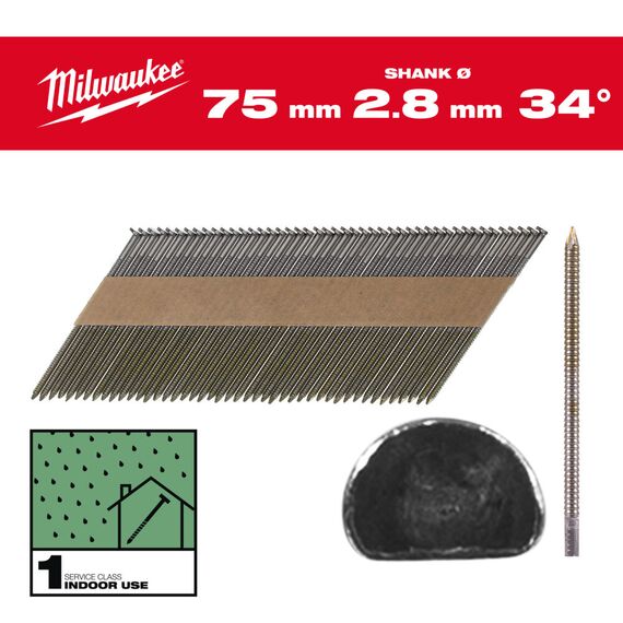 Гвозди Milwaukee 34° D-HEAD 75 MM／RS／B／SC1 2200 PC - 4932492602, Тип скобы / калибр: 2.8, Модель: 34° D-HEAD 75 MM／RS／B／SC1 2200 PC, Длина (мм): 75, внеший вид