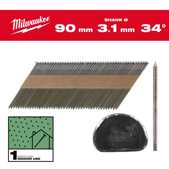 Гвозди Milwaukee 34° D-HEAD 90 MM／RS／B／SC1 2200 PC - 4932492604, Тип скобы / калибр: 3.1, Модель: 34° D-HEAD 90 MM／RS／B／SC1 2200 PC, Длина (мм): 90, внеший вид