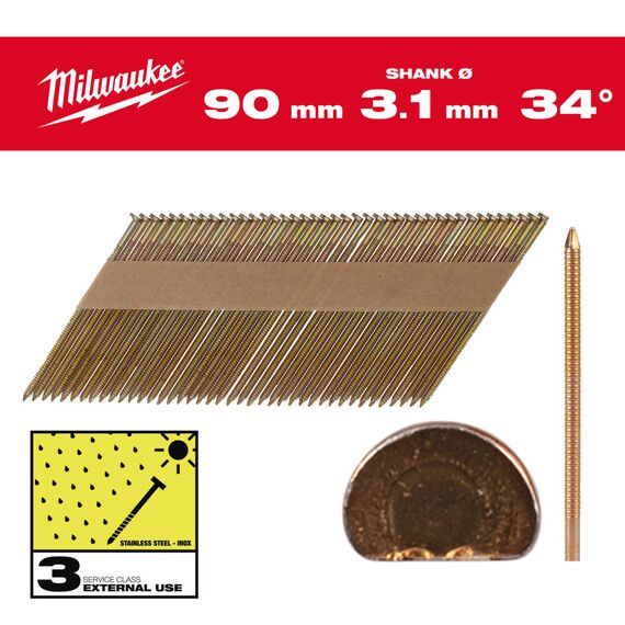 Гвозди Milwaukee 34° D-HEAD 90 MM／RS／HDG／SC3 2200 PC - 4932492615, Тип скобы / калибр: 3.1, Модель: 34° D-HEAD 90 MM／RS／HDG／SC3 2200 PC, Длина (мм): 90, внеший вид