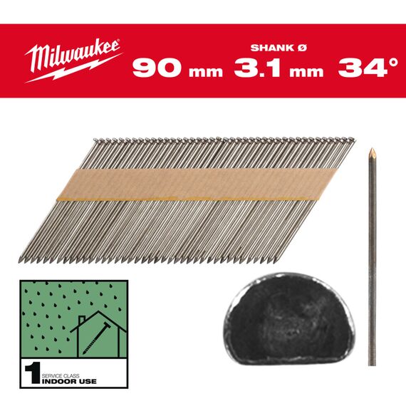 Гвозди Milwaukee 34° D-HEAD 90 MM／SS／B／SC1 2200 PC - 4932492598, Тип скобы / калибр: 3.1, Модель: 34° D-HEAD 90 MM／SS／B／SC1 2200 PC, Длина (мм): 90, внеший вид