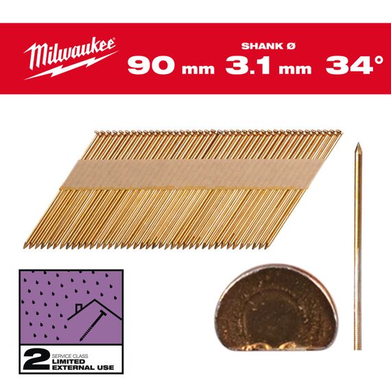 Гвозди Milwaukee 34° D-HEAD 90 MM／SS／G／SC2 2200 PC - 4932492605, Тип скобы / калибр: 3.1, Модель: 34° D-HEAD 90 MM／SS／G／SC2 2200 PC, Длина (мм): 90, внеший вид