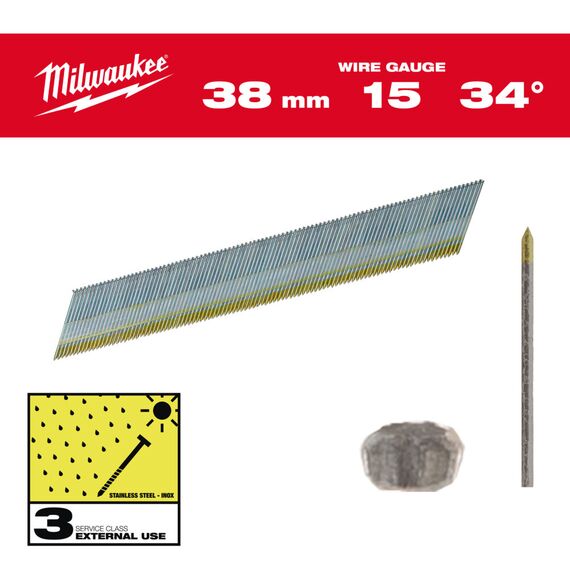 Гвозди Milwaukee INOX 15G／34°／38 MM／SC3 2500 PC - 4932492579, Тип скобы / калибр: 15, Модель: INOX 15G／34°／38 MM／SC3 2500 PC, Длина (мм): 38, внеший вид
