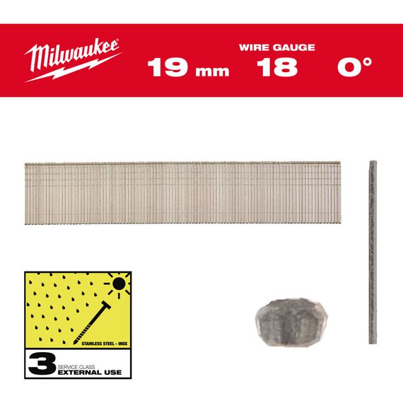 Гвозди Milwaukee INOX 18G／19 MM／SC3 10000 PC - 4932492558, Тип скобы / калибр: 18, Модель: INOX 18G／19 MM／SC3 10000 PC, Длина (мм): 19, внеший вид