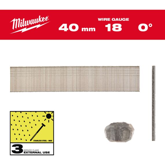 Гвозди Milwaukee INOX 18G／40 MM／SC3 5000 PC - 4932492562, Тип скобы / калибр: 18, Модель: INOX 18G／40 MM／SC3 5000 PC, Длина (мм): 40, внеший вид