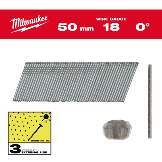 Гвозди Milwaukee INOX 18G／50 MM／SC3 5000 PC - 4932492564, Тип скобы / калибр: 18, Модель: INOX 18G／50 MM／SC3 5000 PC, Длина (мм): 50, внеший вид