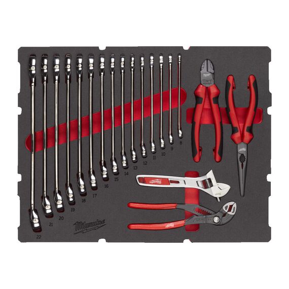 Набор комбинированных гаечных ключей и плоскогубцев Milwaukee MAXBITE COMBINATION SPANNER AND PLIER SET FOAM INSERT - 4932493339, внеший вид