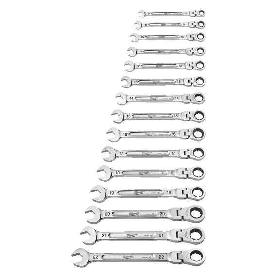 Набор комбинированных ключей Milwaukee MAXBITE FLEX HEAD SPANNER 15PC SET с трещеткой и шарниром 15 шт - 4932478558, Модель: MAXBITE FLEX HEAD SPANNER 15PC SET, внеший вид