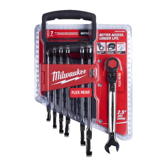 Набор комбинированных ключей Milwaukee MAXBITE FLEX HEAD SPANNER 7PC SET с трещеткой и шарниром 7 шт - 4932478557, Модель: MAXBITE FLEX HEAD SPANNER 7PC SET, внеший вид, изображение 2