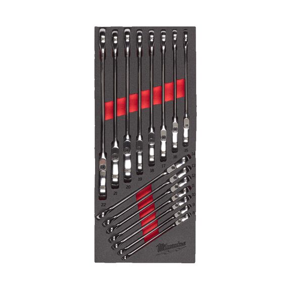 Ложемент с комбинированными ключами Milwaukee MAXBITE FLEX HEAD SPANNER SET FOAM INSERT с трещеткой и шарниром 15 шт - 4932479829, внеший вид