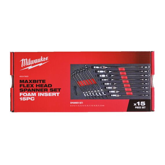 Ложемент с комбинированными ключами Milwaukee MAXBITE FLEX HEAD SPANNER SET FOAM INSERT с трещеткой и шарниром 15 шт - 4932479829, внеший вид, изображение 3