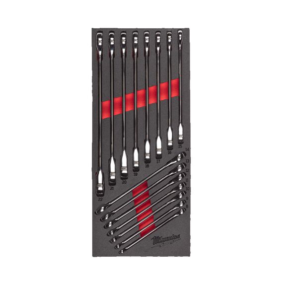 Ложемент с комбинированными ключами Milwaukee MAXBITE RATCHETING COMBINATION SPANNER SET FOAM INSERT с трещоткой 15 шт - 4932479828, Модель: MAXBITE RATCHETING COMBINATION SPANNER SET FOAM INSERT, внеший вид