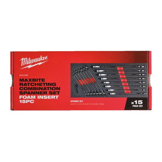 Ложемент с комбинированными ключами Milwaukee MAXBITE RATCHETING COMBINATION SPANNER SET FOAM INSERT с трещоткой 15 шт - 4932479828, Модель: MAXBITE RATCHETING COMBINATION SPANNER SET FOAM INSERT, фото, изображение 3 Ложемент с комбинированными ключами Milwaukee MAXBITE RATCHETING COMBINATION SPANNER SET FOAM INSERT с трещоткой 15 шт - 4932479828, Модель: MAXBITE RATCHETING COMBINATION SPANNER SET FOAM INSERT, внеший вид, изображение 3
