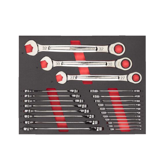 Ложемент с комбинированными ключами Milwaukee MAXBITE RATCHETING METRIC COMBINATION SPANNER 22 PC SET - 4932493248, Модель: MAXBITE RATCHETING METRIC COMBINATION SPANNER 22 PC SET, внеший вид