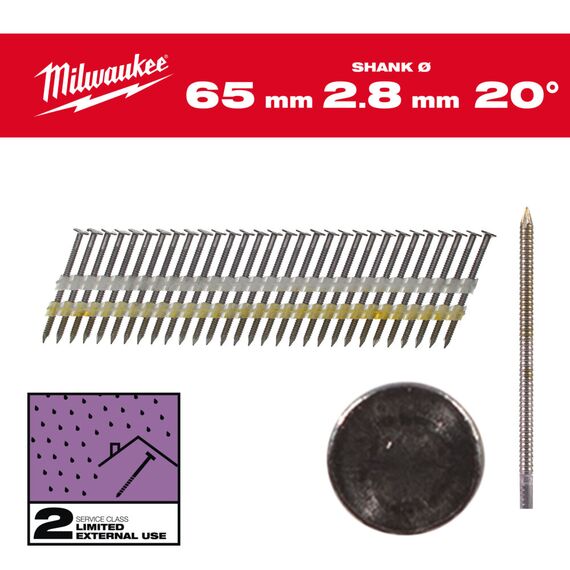 Гвозди Milwaukee ROUND HEAD 65 MM／RS／G／SC2 2000 PC - 4932492591, Тип скобы / калибр: 2.8, Модель: ROUND HEAD 65 MM／RS／G／SC2 2000 PC, Длина (мм): 65, внеший вид