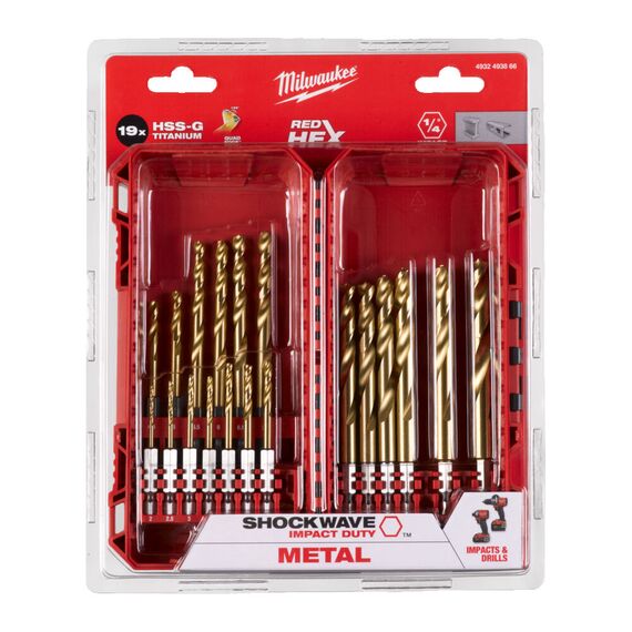 Набор сверл по металлу с шестигранным хвостовиком Milwaukee SHOCKWAVE HSS-G TIN RED HEX 19 PC SET - 4932493866, Диаметр: SET, Модель: SHOCKWAVE HSS-G TIN RED HEX 19 PC SET, внеший вид, изображение 2