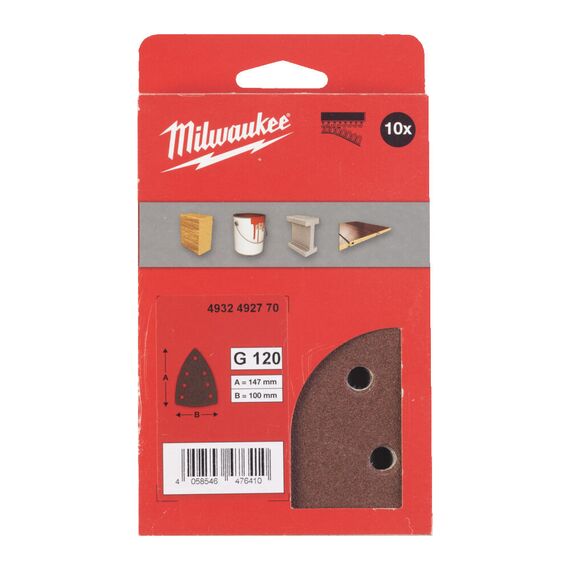 Шлифовальный лист для дельташлифовальных машин Milwaukee 100 X 147 H&L GR 120 10 PCS - 4932492770, Зернистость: 120, Модель: 100 X 147 H&L GR 120 10 PCS, внеший вид, изображение 2