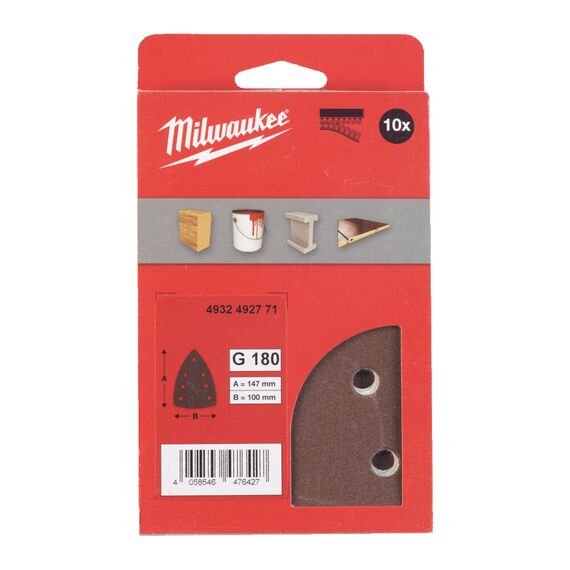 Шлифовальный лист для дельташлифовальных машин Milwaukee 100 X 147 H&L GR 180 10 PCS - 4932492771, Зернистость: 180, Модель: 100 X 147 H&L GR 180 10 PCS, внеший вид, изображение 2