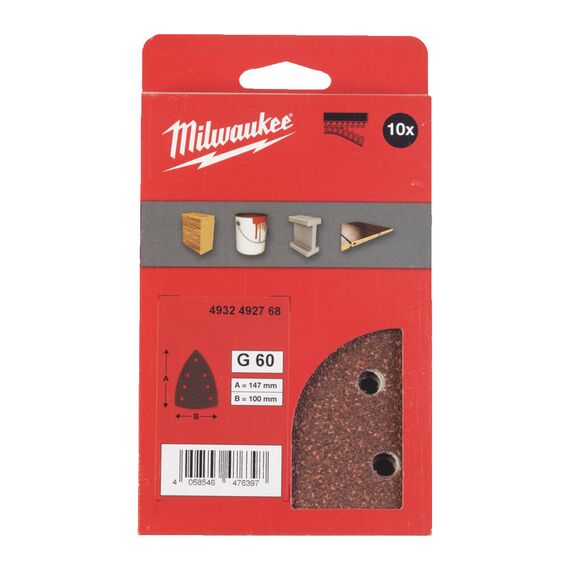 Шлифовальный лист для дельташлифовальных машин Milwaukee 100 X 147 H&L GR 60 10 PCS - 4932492768, Зернистость: 60, Модель: 100 X 147 H&L GR 60 10 PCS, внеший вид, изображение 2