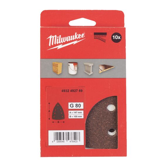 Шлифовальный лист для дельташлифовальных машин Milwaukee 100 X 147 H&L GR 80 10 PCS - 4932492769, Зернистость: 80, Модель: 100 X 147 H&L GR 80 10 PCS, внеший вид, изображение 2